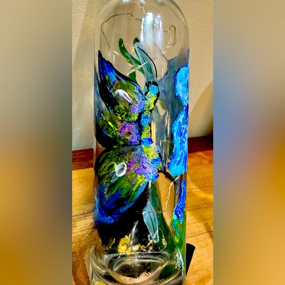 Hand Crafted Blue and Green Floral Butterfly Bottle Art - Picture 4 of 5